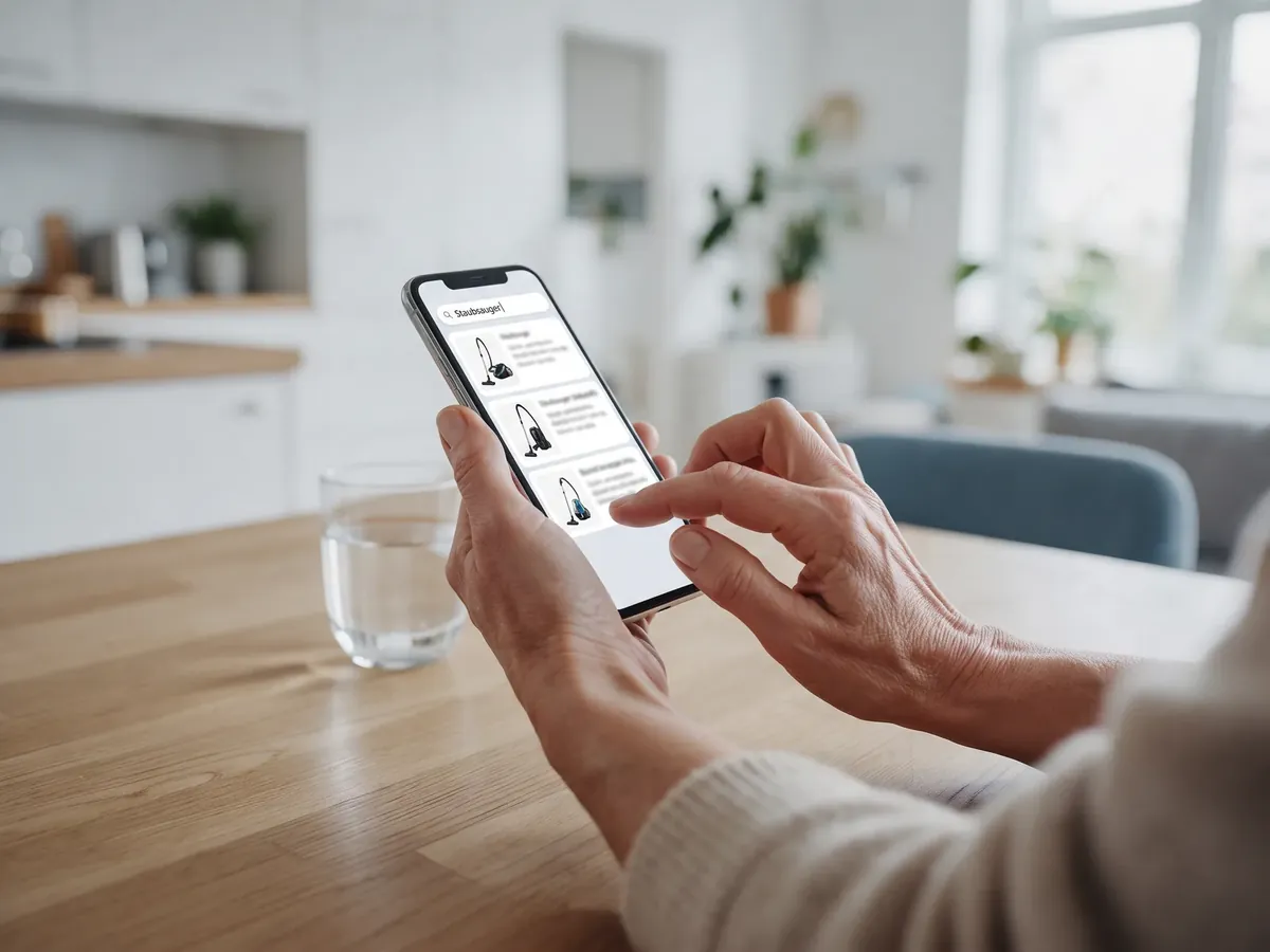 Person sucht auf dem Smartphone nach einem Produkt