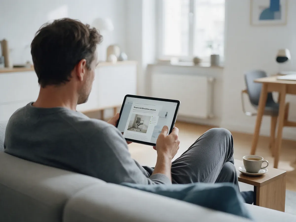 Person liest einen Ratgeber auf dem Tablet