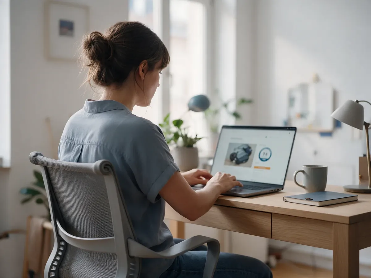 Person liest einen Testbericht am Laptop
