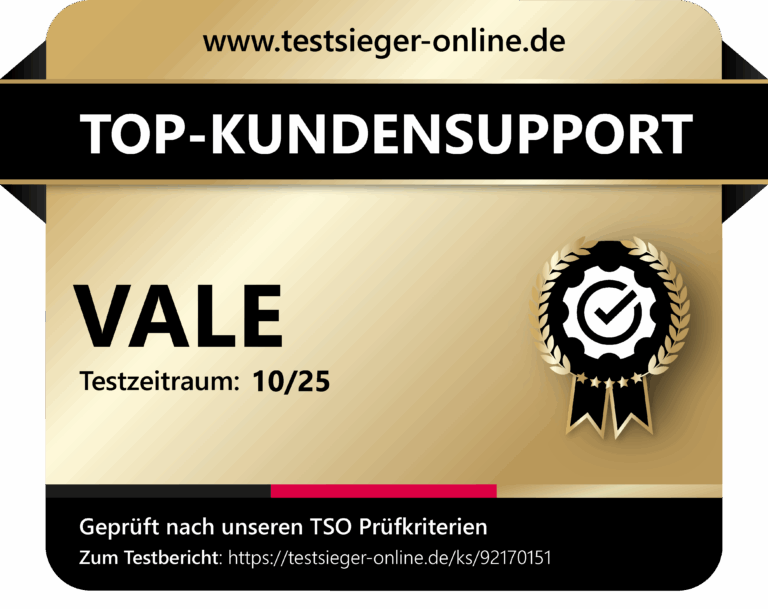 Top-Kundensupport-Siegel von Testsieger-Online für VALE