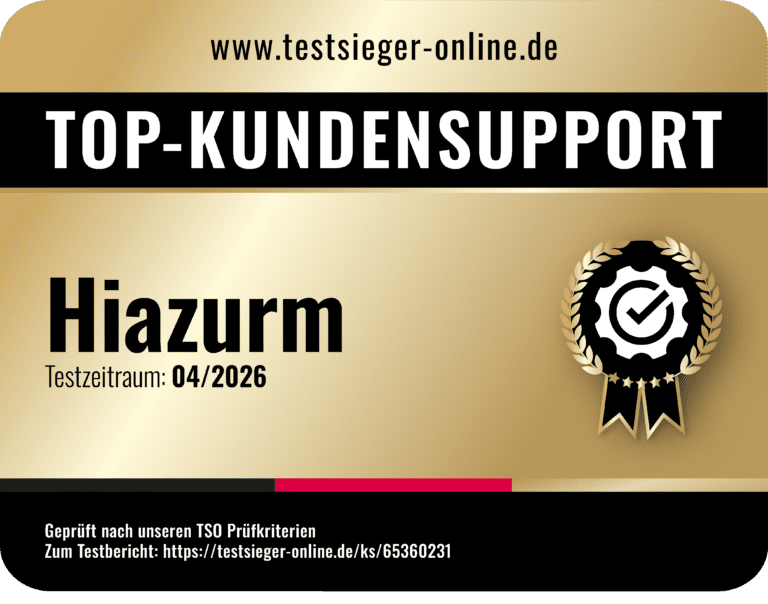 Top-Kundensupport-Siegel von Testsieger-Online für Hiazurm